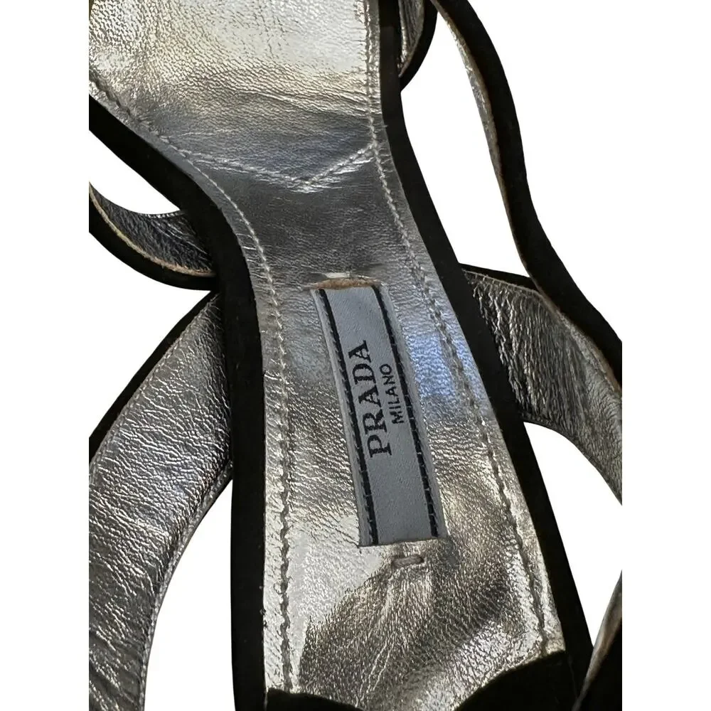 Prada Black Suede Silver Metallic Platform Slingback Heels Sandals EU 37